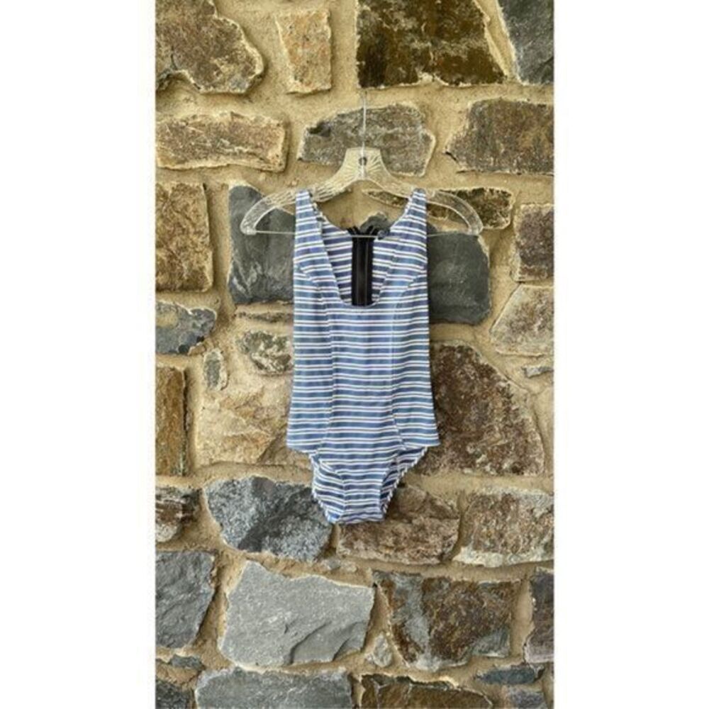 Lisa Marie Fernandez Womens Blue Striped Zip Back One Piece Swimsuit Size 1